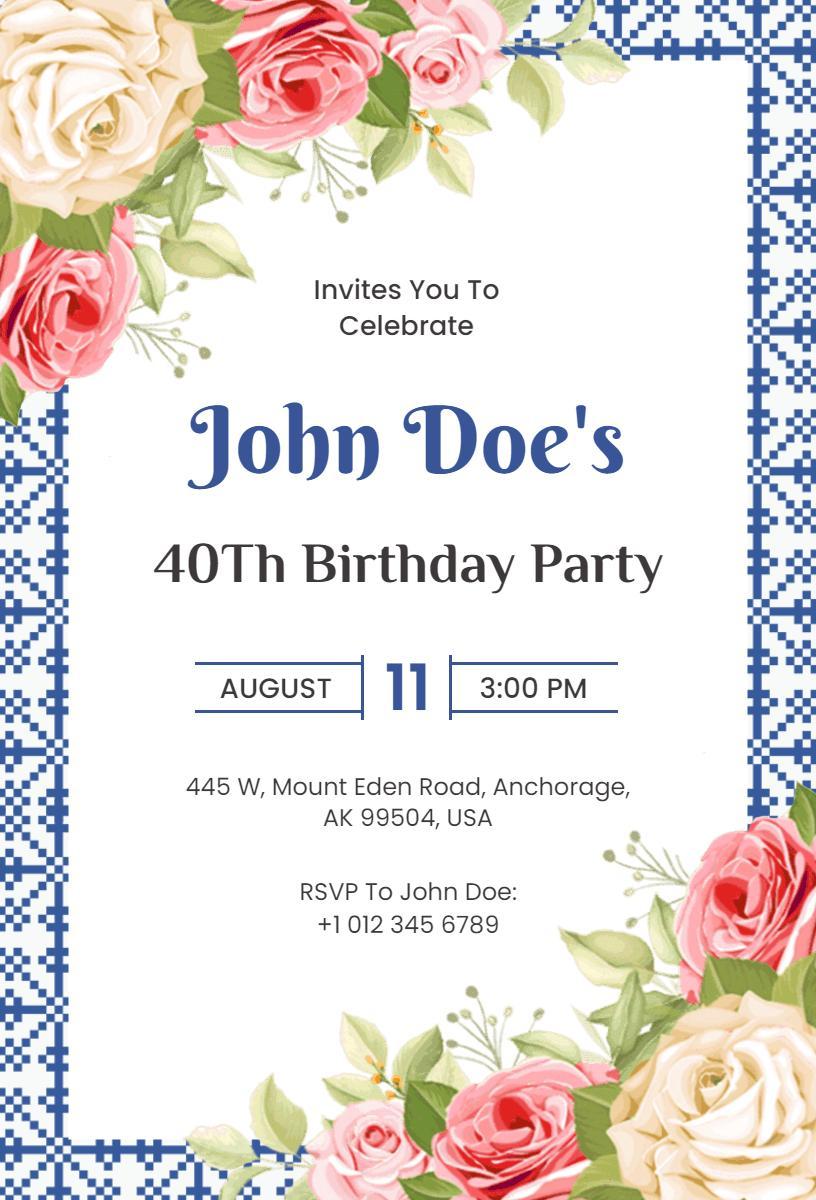 Charming Floral 40th Birthday Celebration Invitation Template