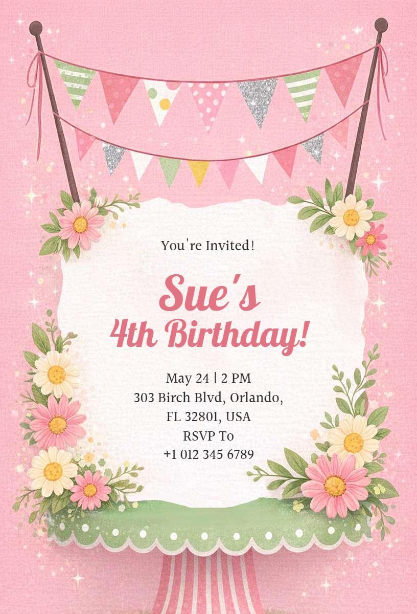 Charming Floral 4th Birthday Celebration Invitation Template