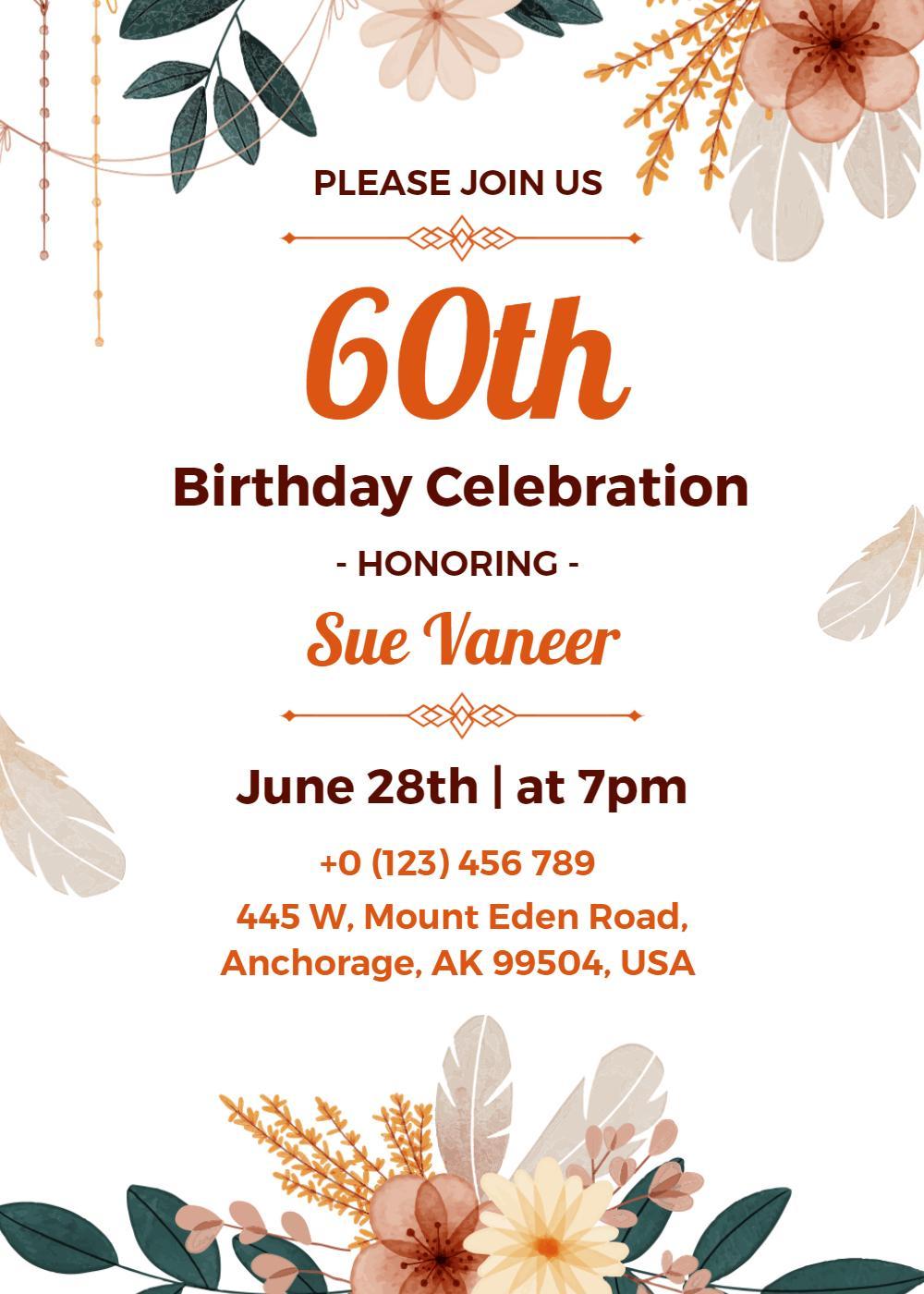 Charming Floral 60th Birthday Celebration Invitation Template
