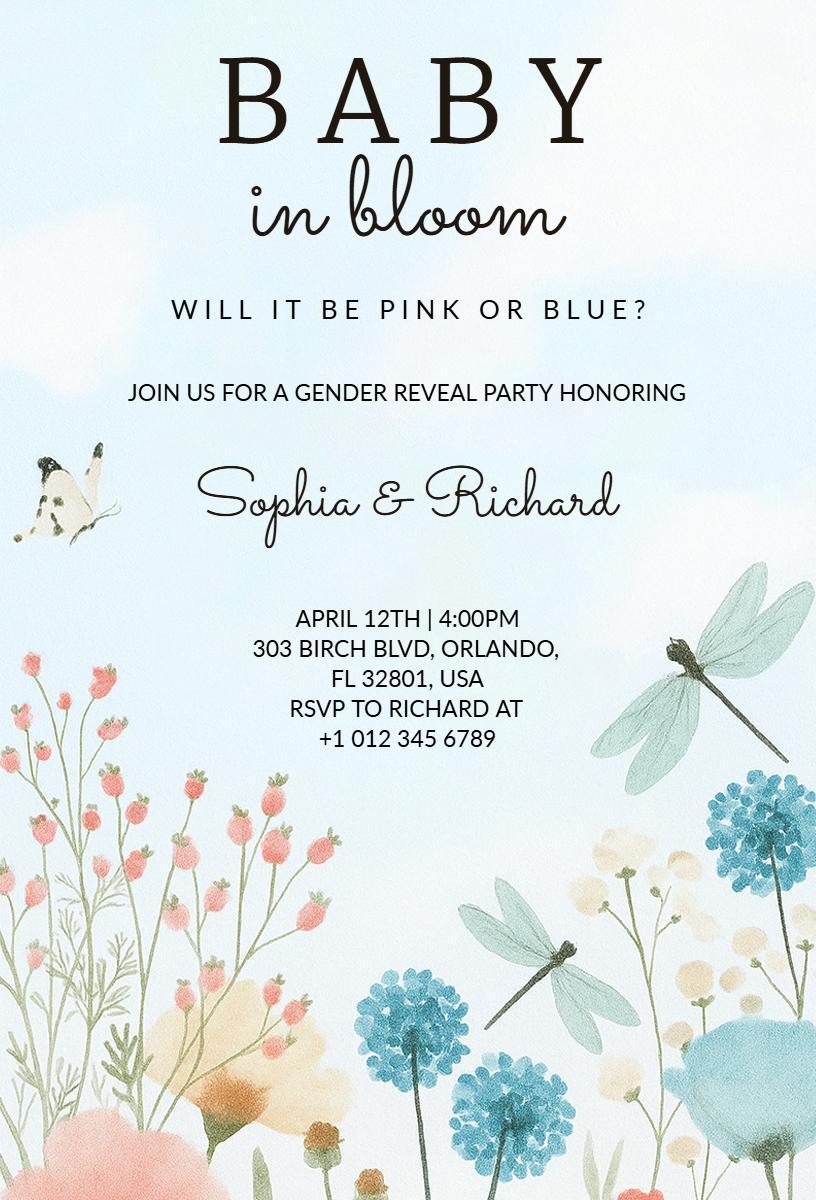 Charming Floral Baby Gender Reveal Celebration Invitation Template
