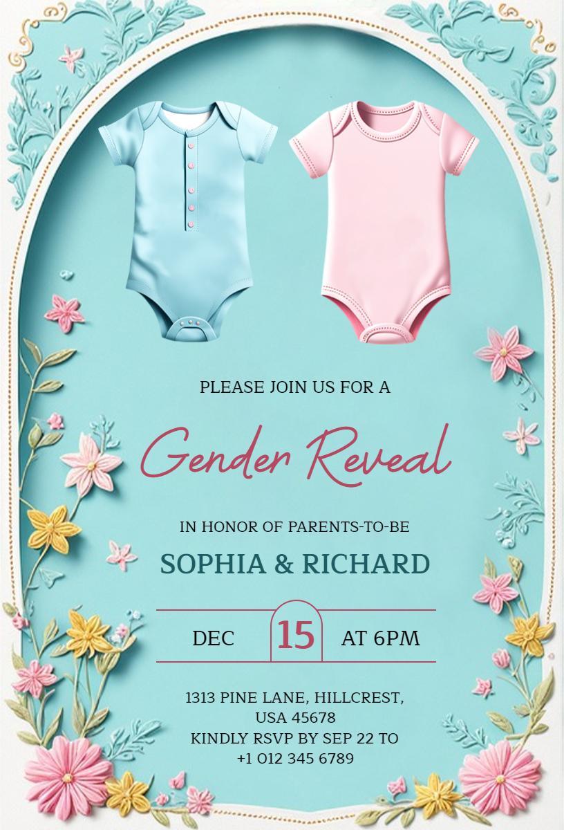 Charming Floral Baby Onesie Gender Reveal Invitation Template
