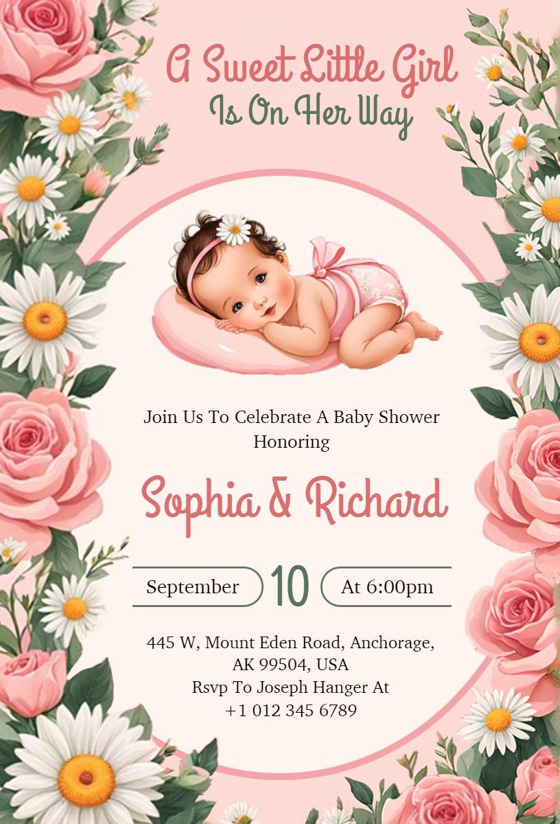 Charming Floral Baby Shower Celebrating Sweet Little Girl Invitation Template