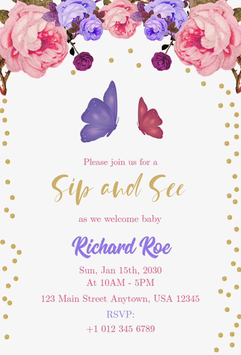 Charming Floral Baby Sip and See Celebration Invitation Template