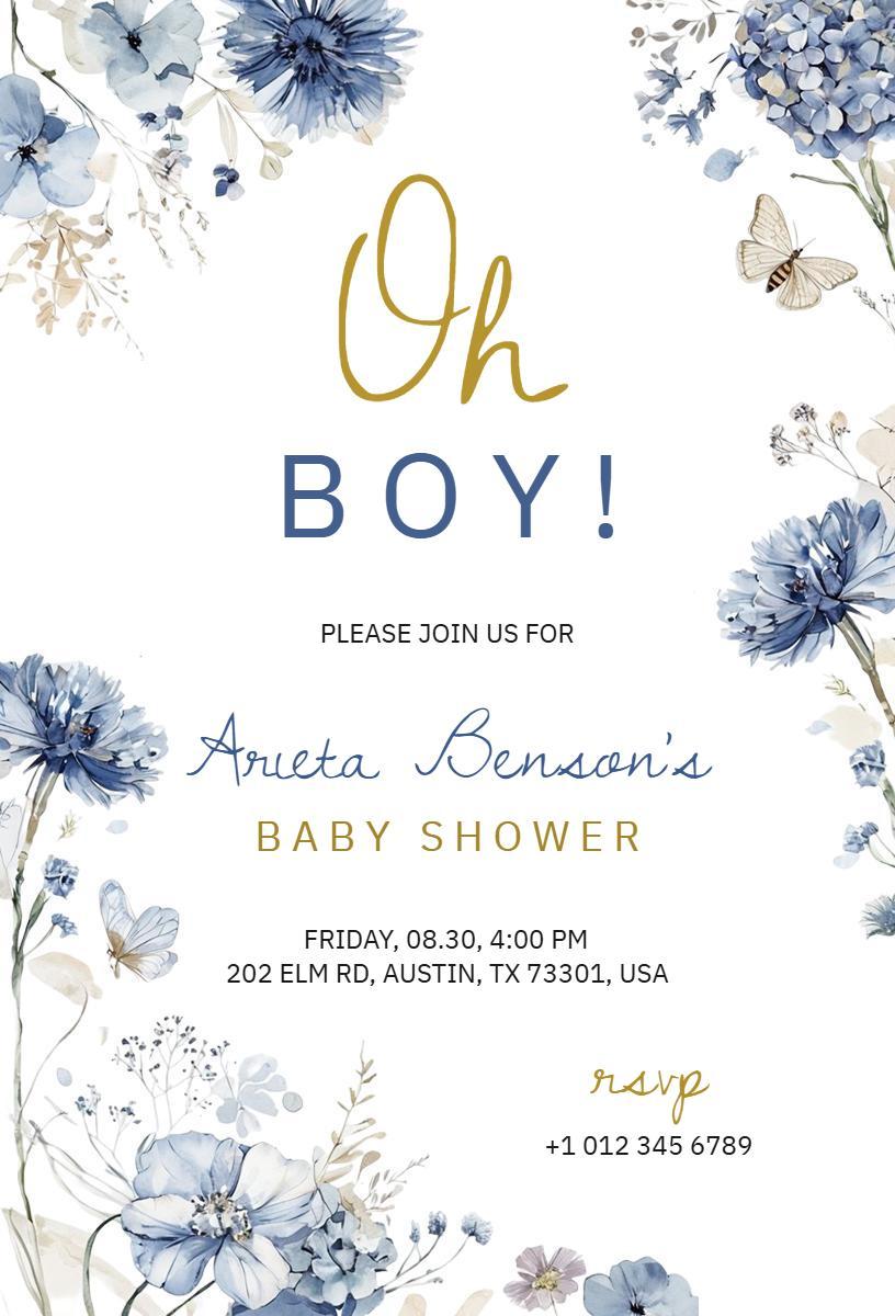 Charming Floral Blue Baby Shower Celebration Invitation Template