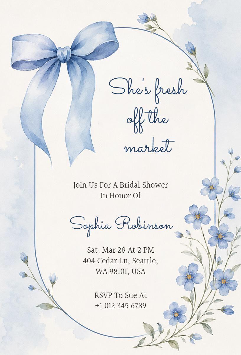 Charming Floral Blue Ribbon Bridal Shower Invitation Template