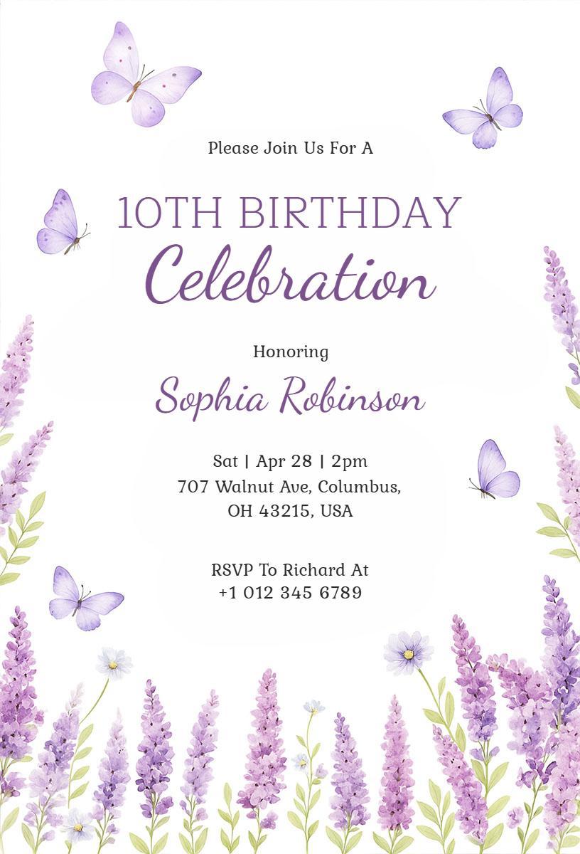 Charming Floral Butterflies 10th Birthday Celebration Invitation Template