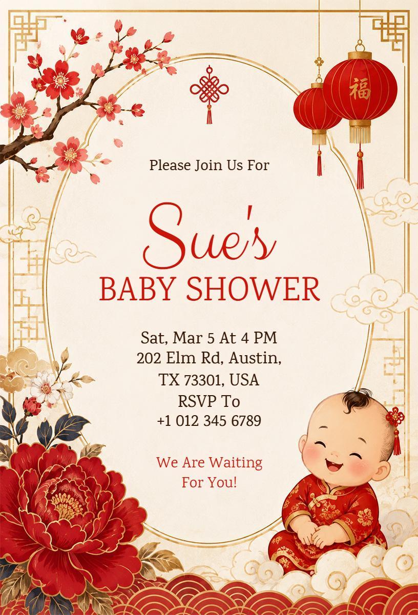 Charming Floral Chinese Baby Shower Celebration Invitation Template