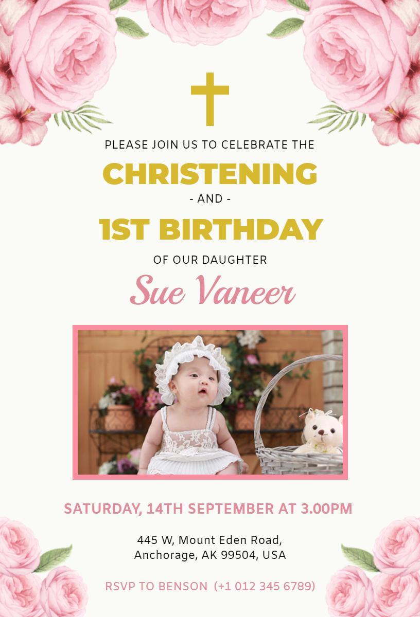 Charming Floral Christening 1st Birthday Celebration Invitation Template