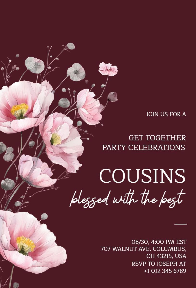 Charming Floral Cousins Get Together Party Invitation Template