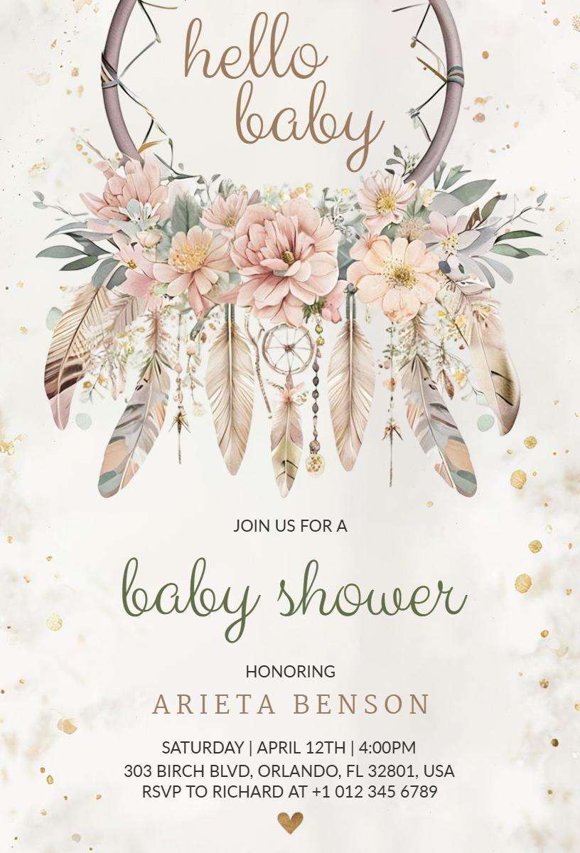 Charming Floral Dreamcatcher Baby Shower Invitation Template