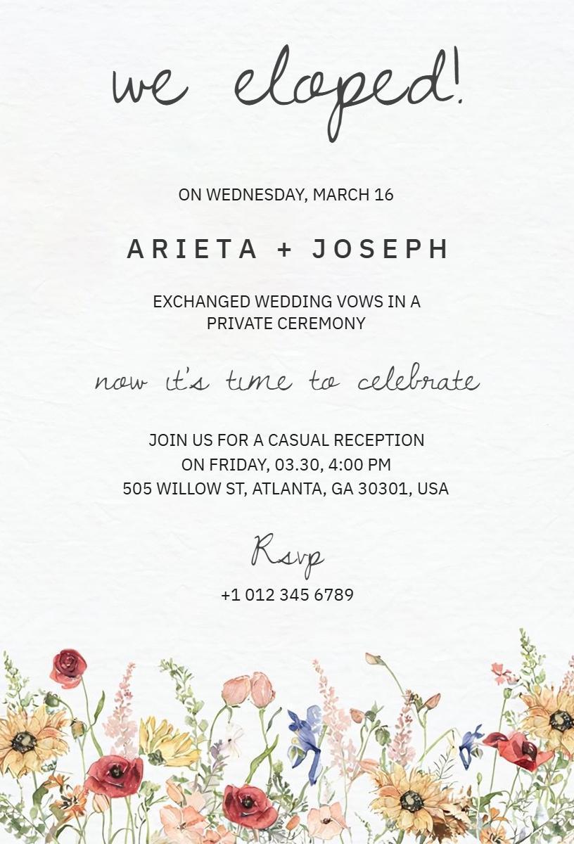 Charming Floral Elopement Celebration Ceremony Invitation Template