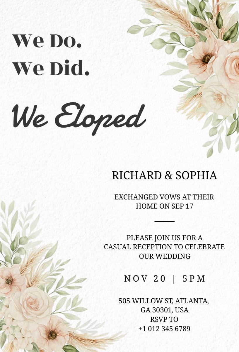 Charming Floral Elopement Celebration Reception Invitation Template