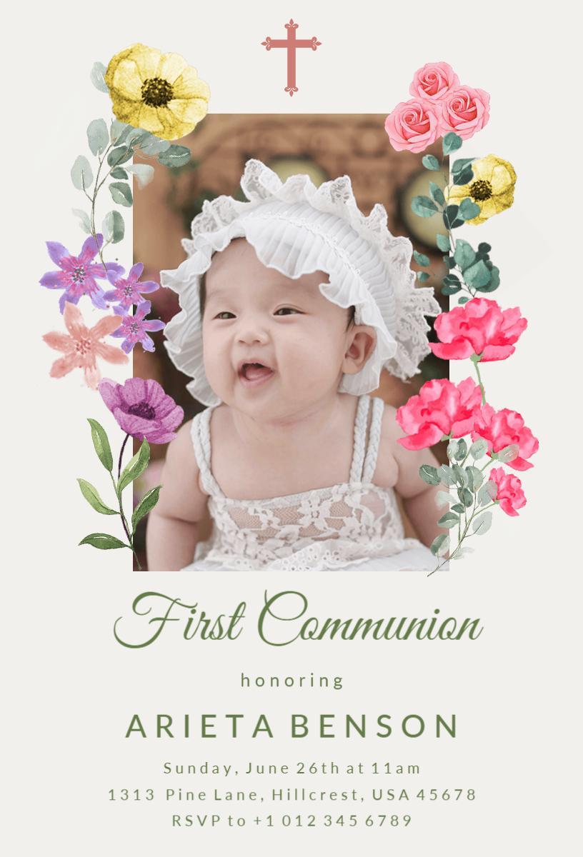 Charming Floral First Communion Celebration Invitation Template