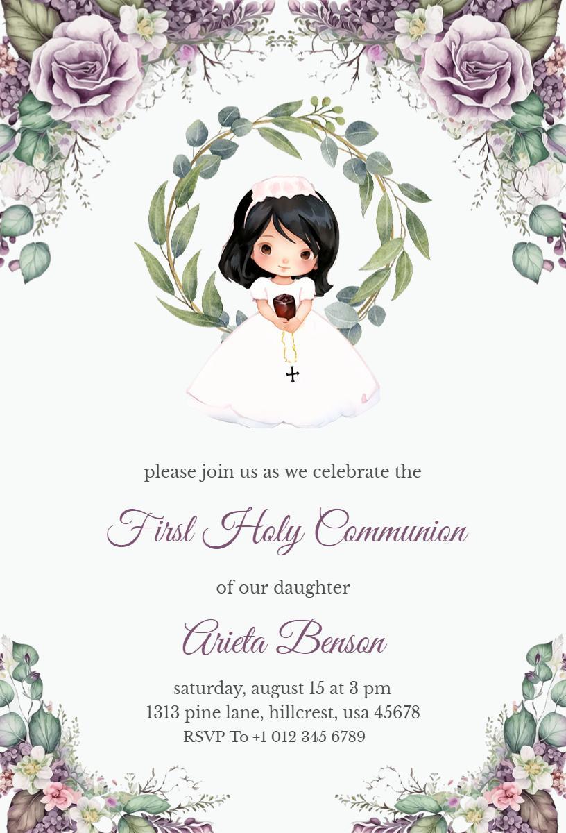 Charming Floral First Holy Communion Celebration Invitation Template