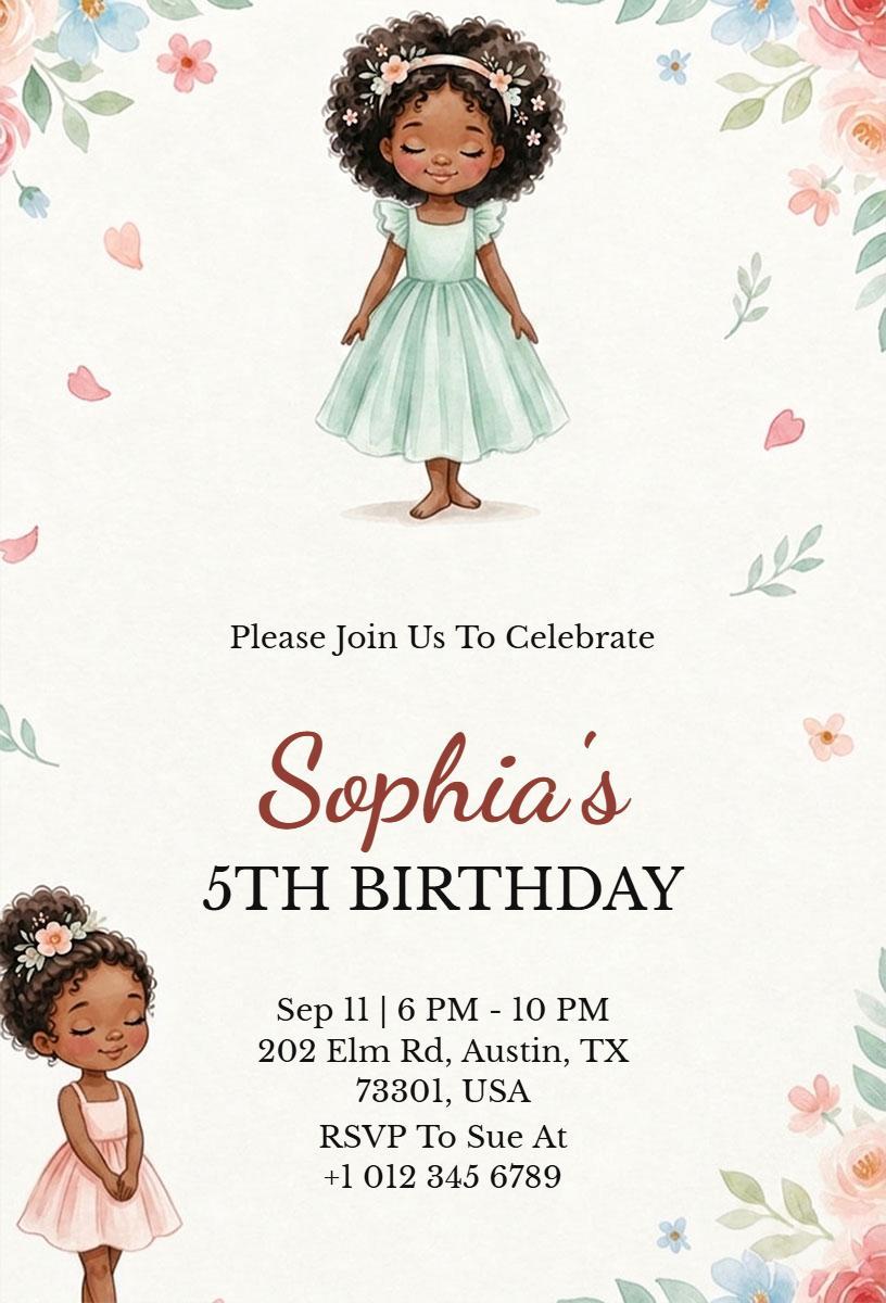 Charming Floral Girls 5th Birthday Celebration Invitation Template