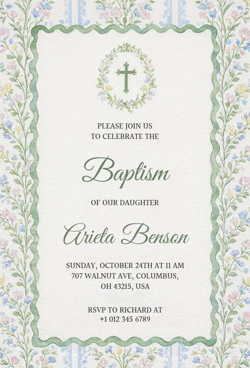 Charming Floral Greenery Baptism Ceremony Invitation Template