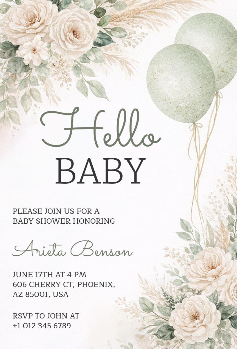 Charming Floral Hello Baby Shower Celebration Invitation Template