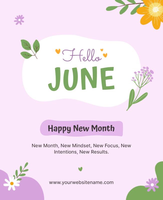 Charming Floral Hello June New Month Celebration Poster Template