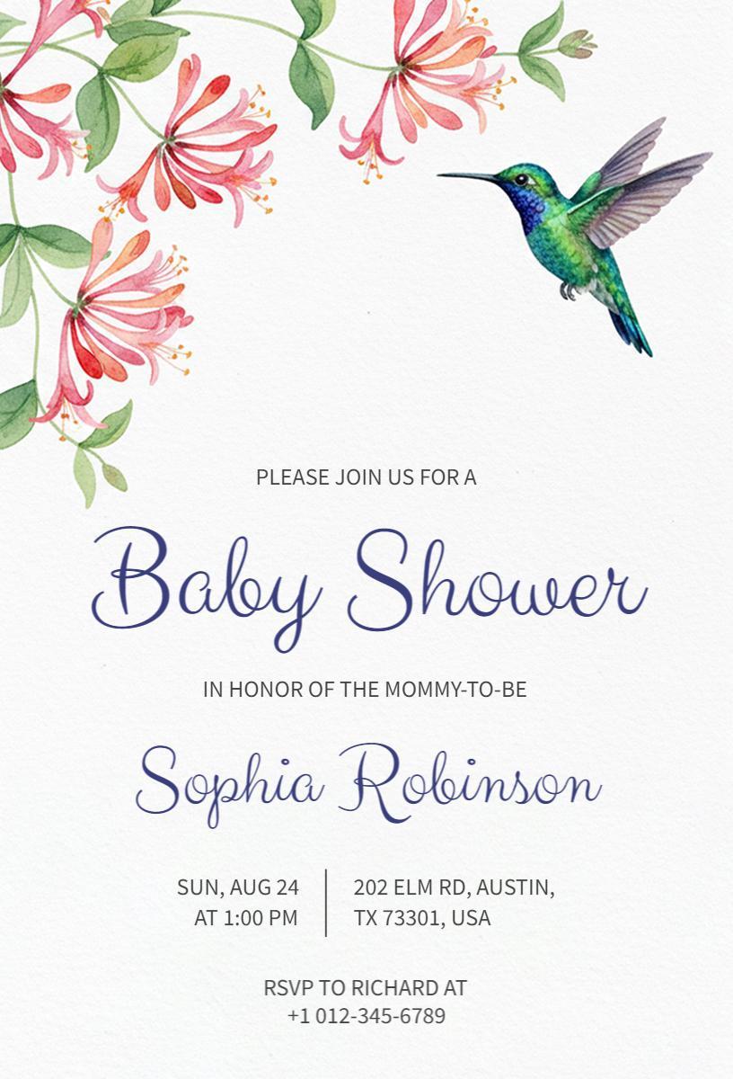 Charming Floral Hummingbird Baby Shower Celebration Invitation Template