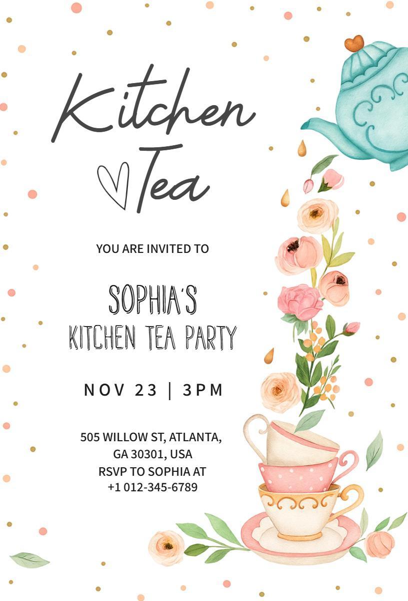 Charming Floral Kitchen Tea Party Celebration Invitation Template