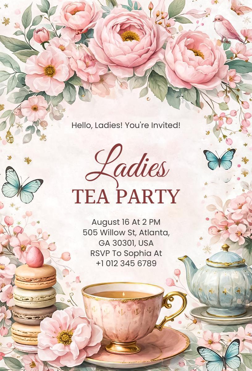 Charming Floral Ladies Tea Party Celebration Invitation Template