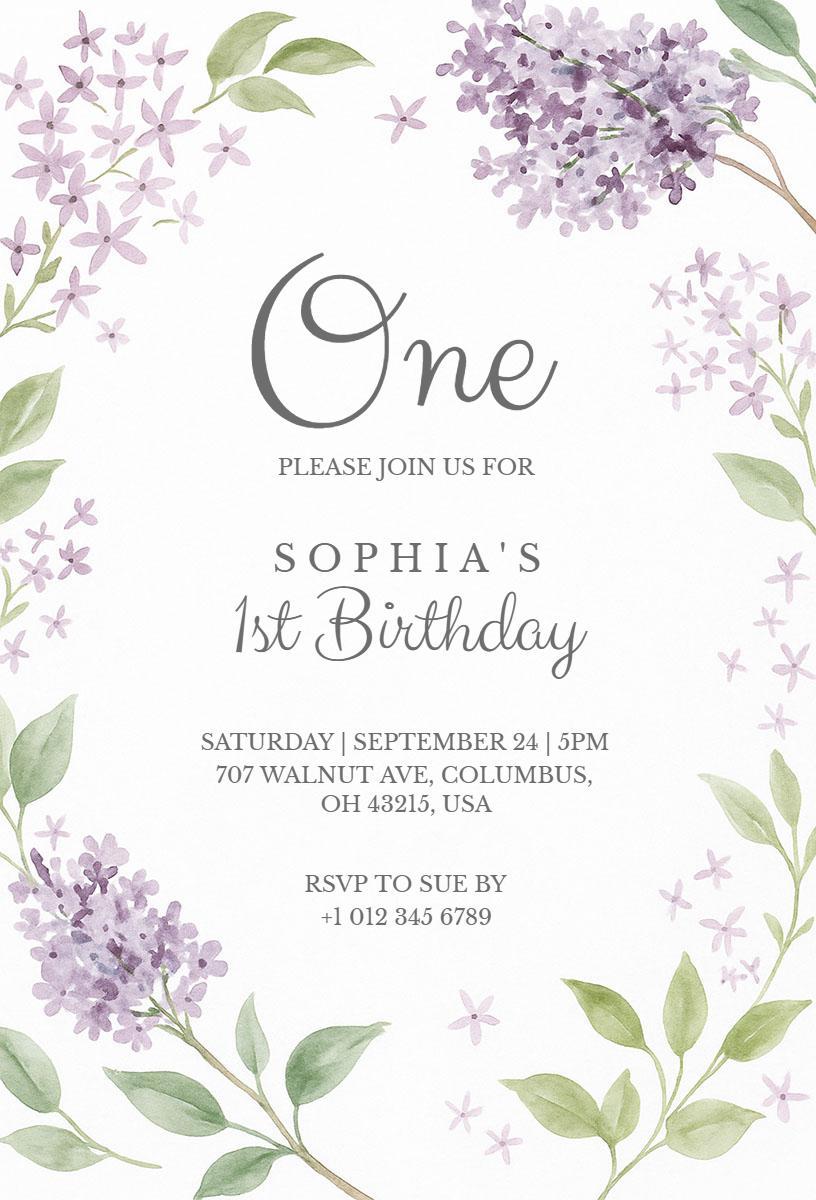 Charming Floral Lavender 1st Birthday Celebration Invitation Template