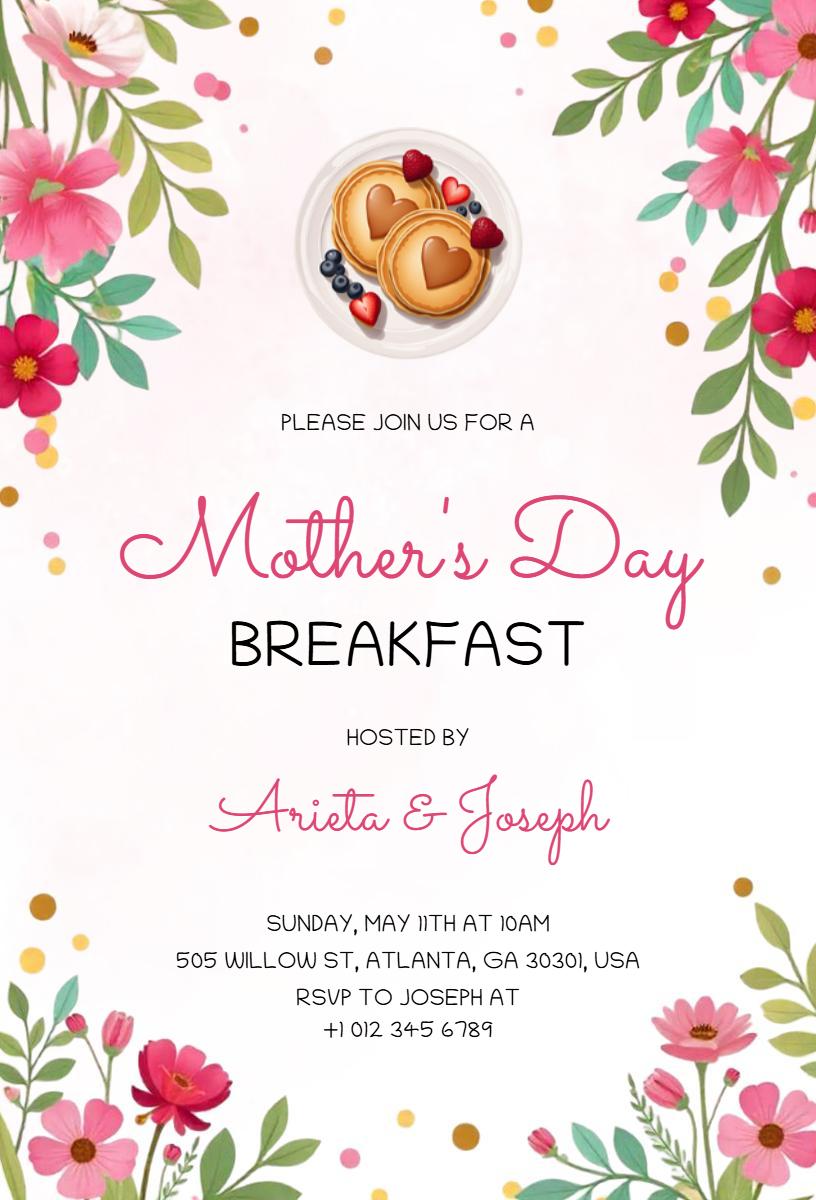 Charming Floral Mother's Day Breakfast Celebration Invitation Template