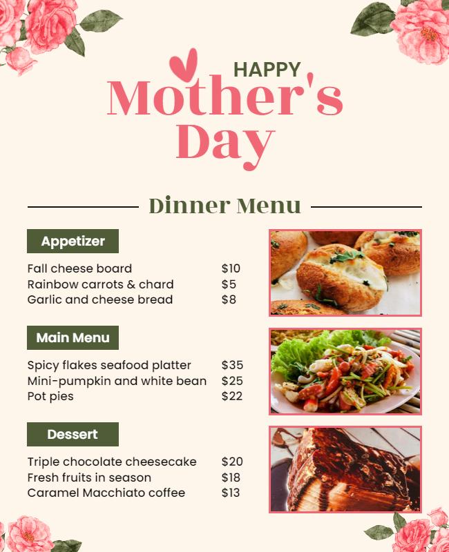 Charming Floral Mother's Day Dinner Menu Poster Template
