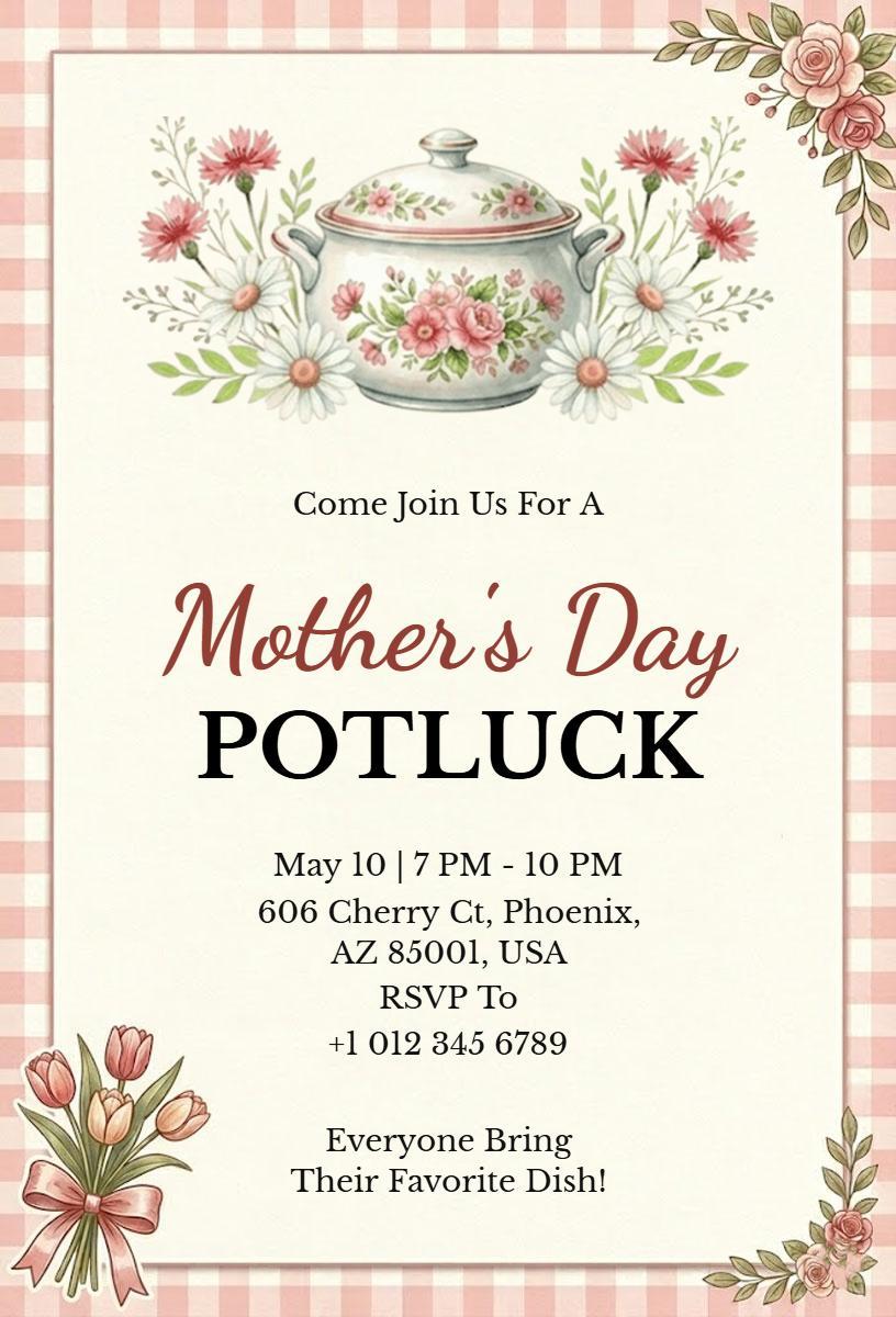 Charming Floral Mother's Day Potluck Celebration Invitation Template