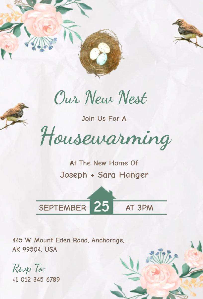 Charming Floral Nesting Theme Housewarming Invitation Template