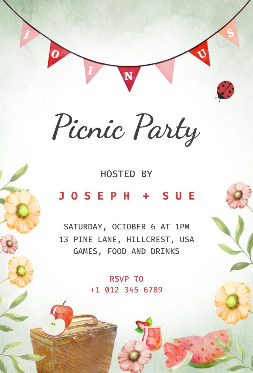Charming Floral Outdoor Picnic Gathering Party Invitation Template