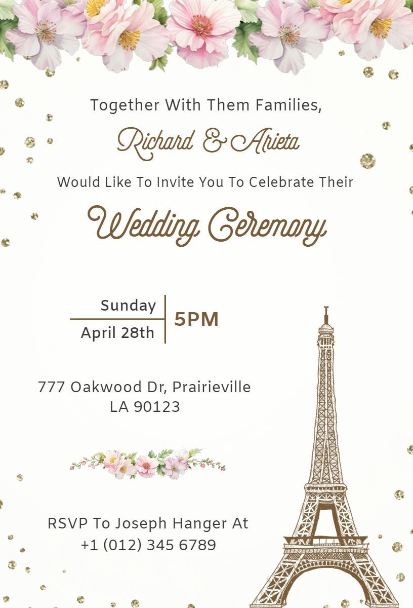 Charming Floral Parisian Wedding Ceremony Invitation Template