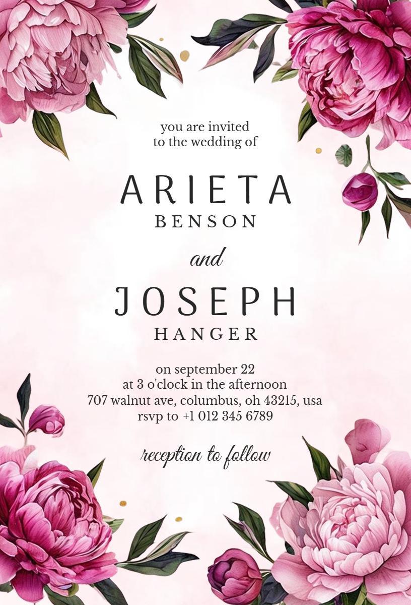 Charming Floral Peony Wedding Ceremony Celebration Invitation Template