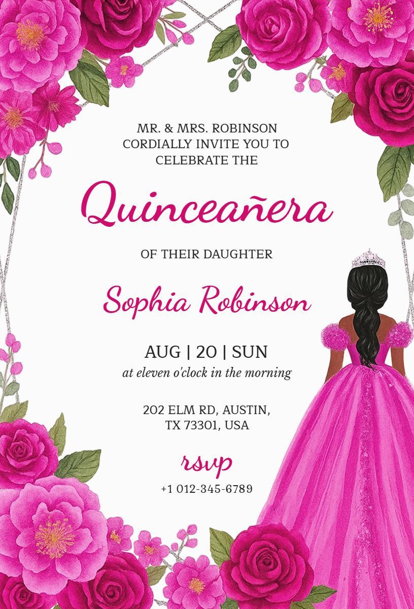 Charming Floral Pink Quinceanera Celebration Invitation Template