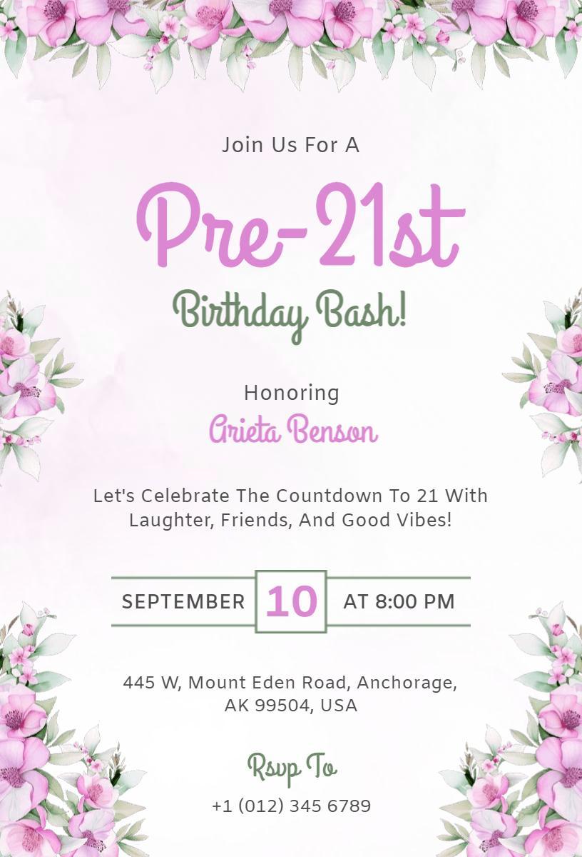 Charming Floral Pre-21st Birthday Bash Celebration Invitation Template
