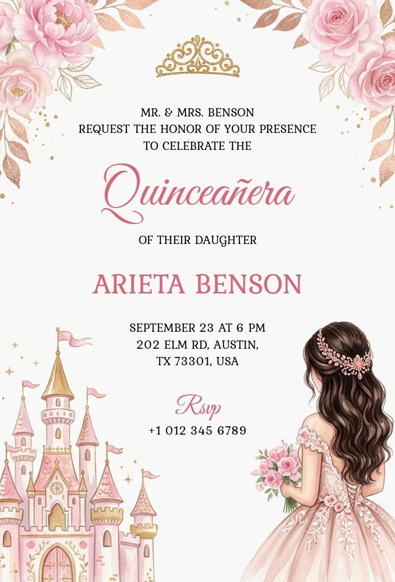 Charming Floral Princess Quinceanera Celebration Invitation Template