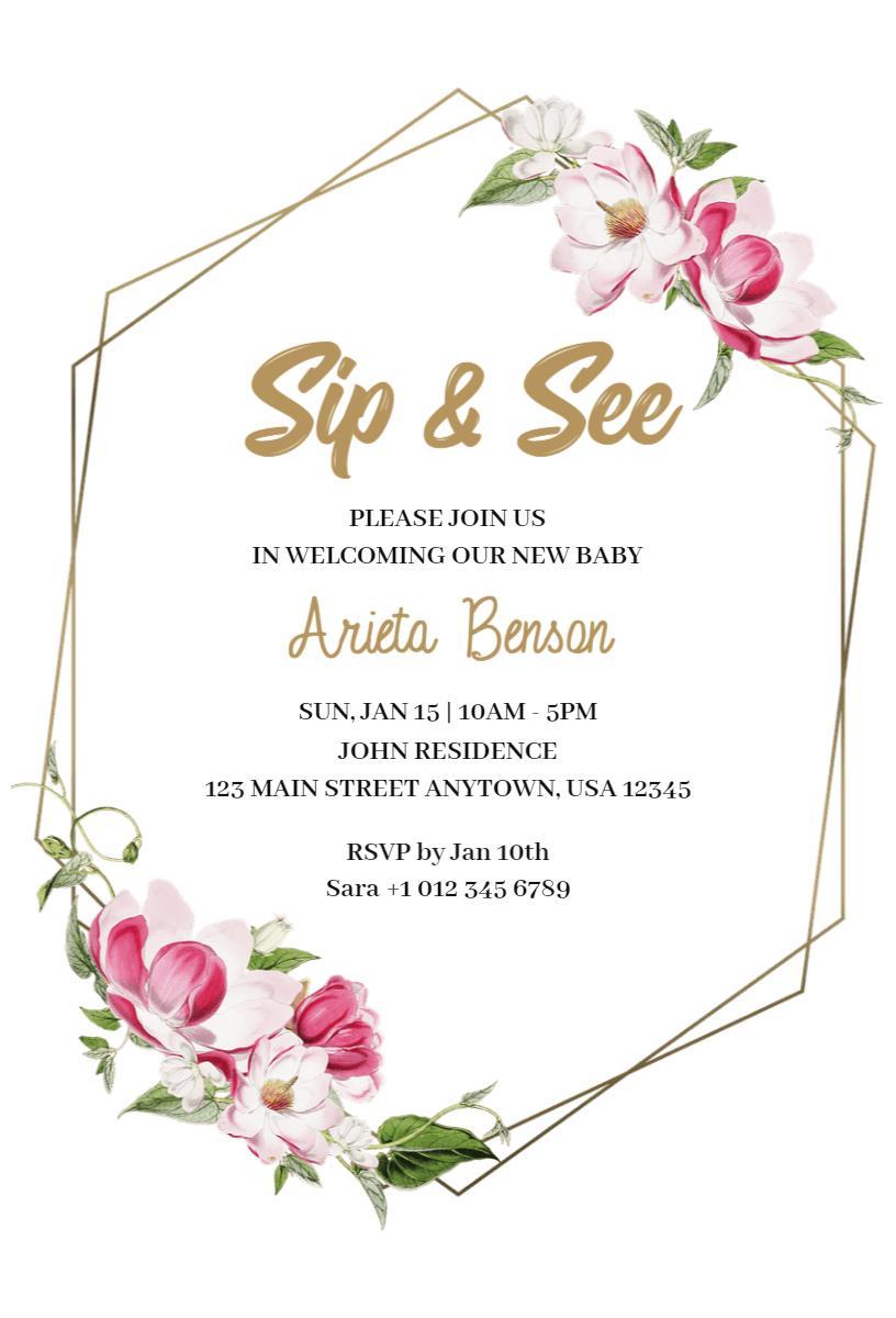 Charming Floral Sip & See Baby Welcome Celebration Invitation Template
