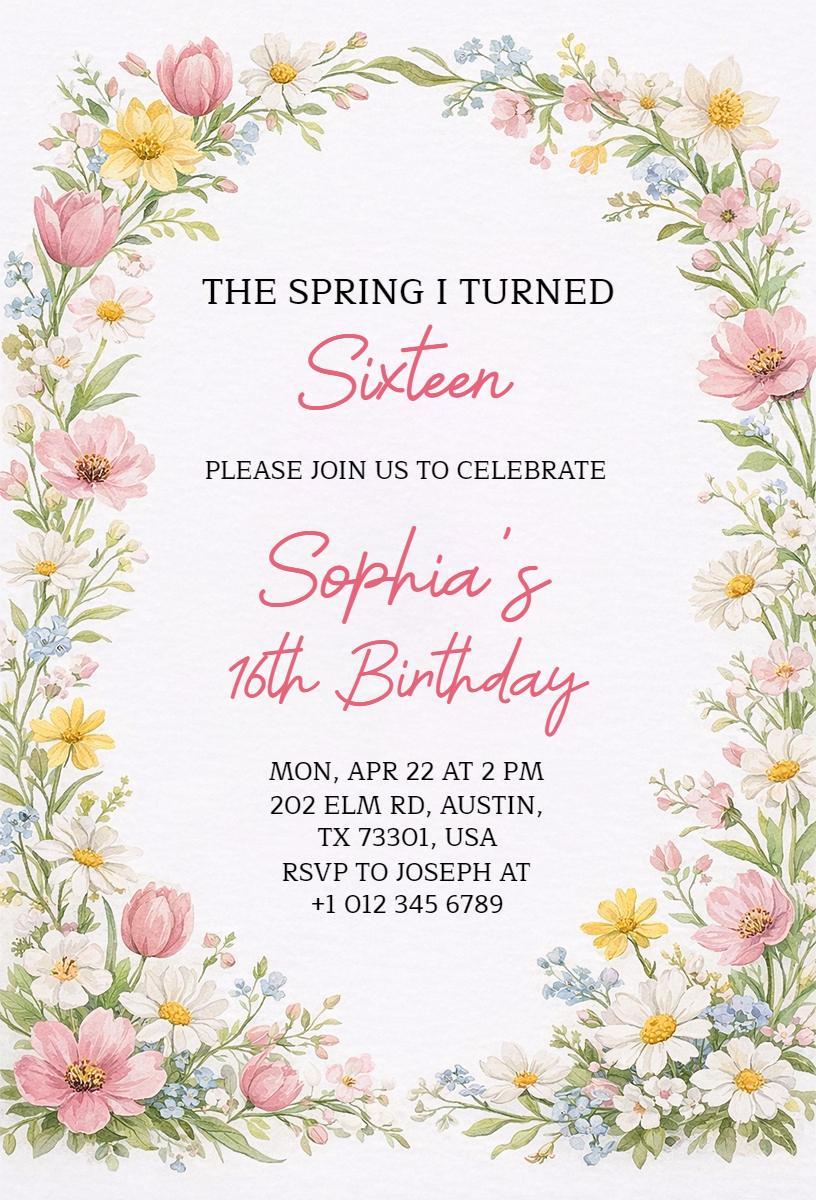 Charming Floral Spring Sixteenth Birthday Celebration Invitation Template