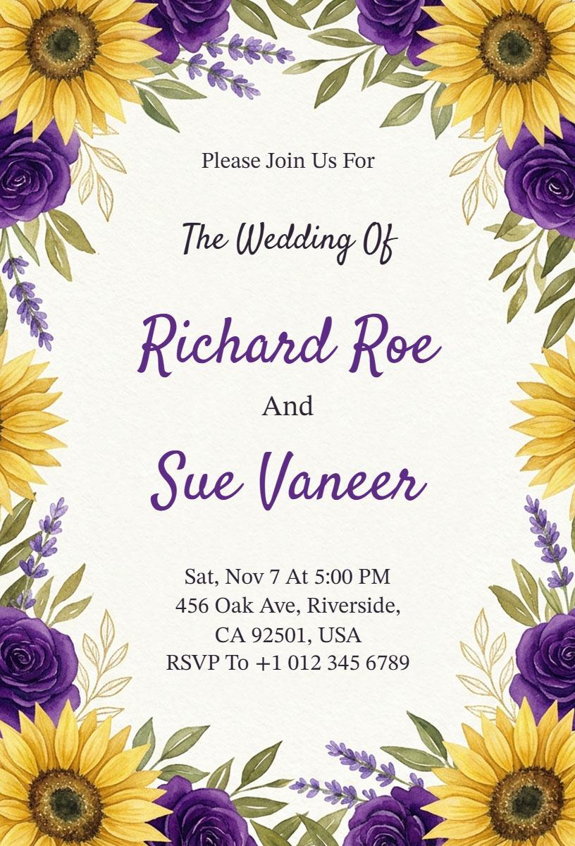 Charming Floral Sunflower Lavender Wedding Invitation Template