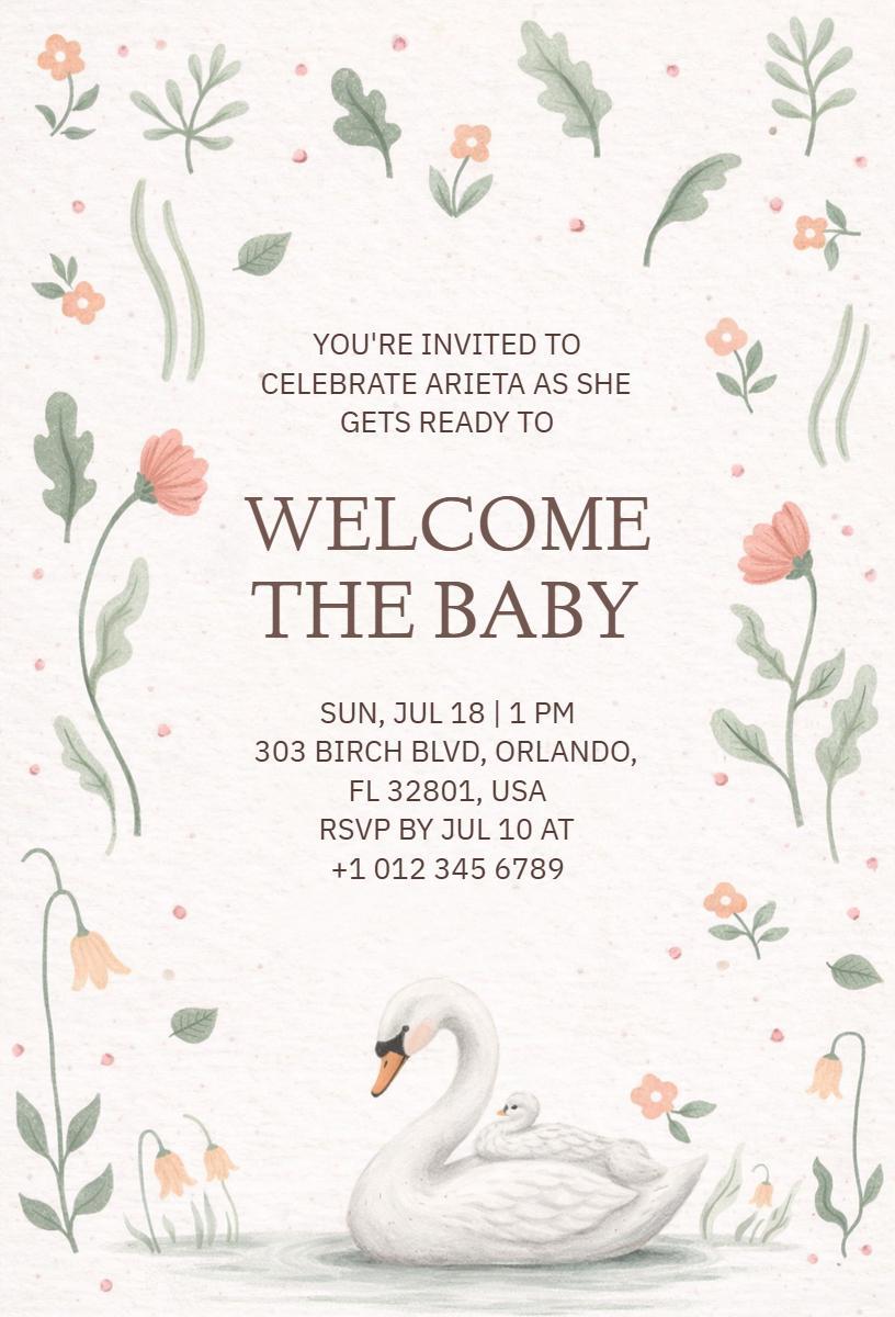 Charming Floral Swan Theme Baby Shower Invitation Template