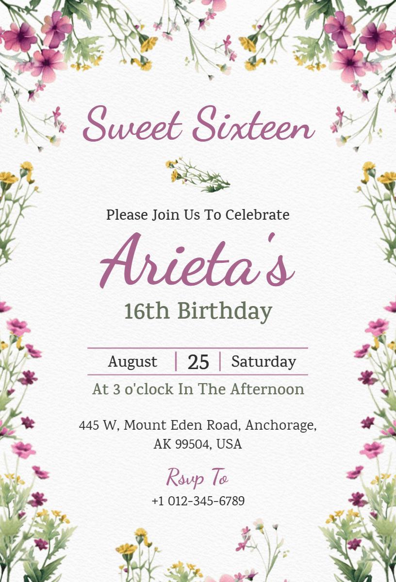 Charming Floral Sweet 16 Birthday Celebration Invitation Template