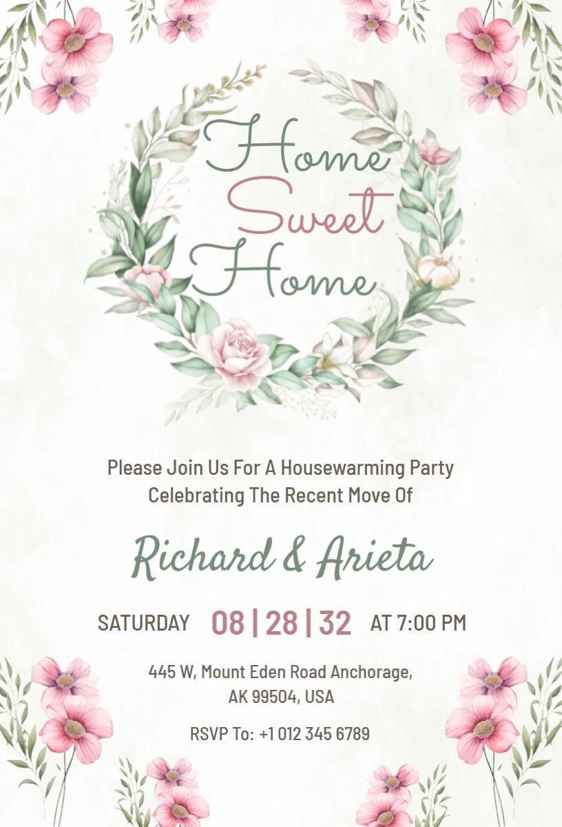 Charming Floral Sweet Home Housewarming Celebration Invitation Template
