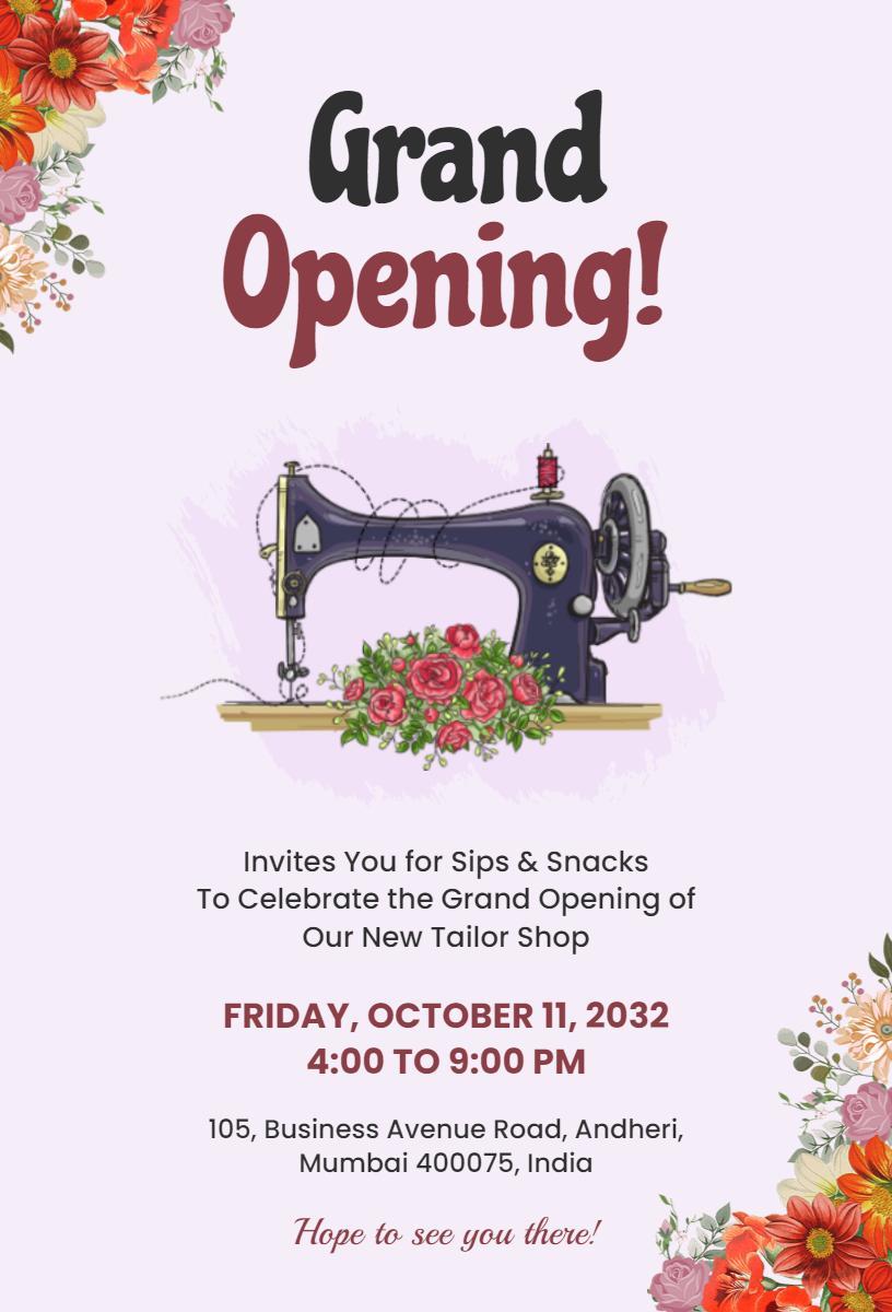 Charming Floral Tailor Shop Grand Opening Invitation Template