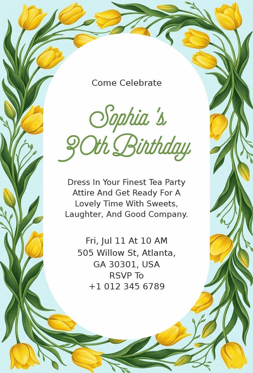 Charming Floral Tea Party 30th Birthday Invitation Template