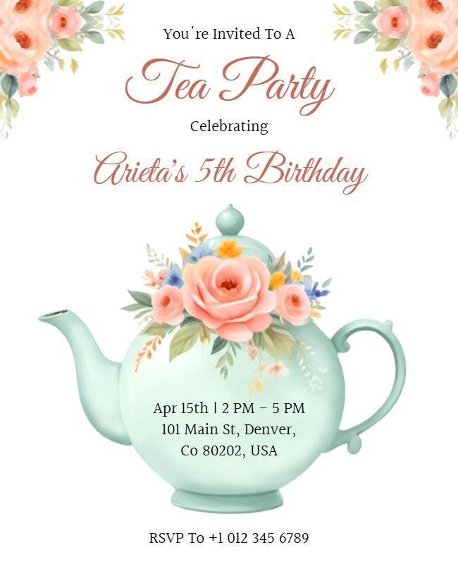Charming Floral Tea Party Invitation for 5th Birthday Poster Template