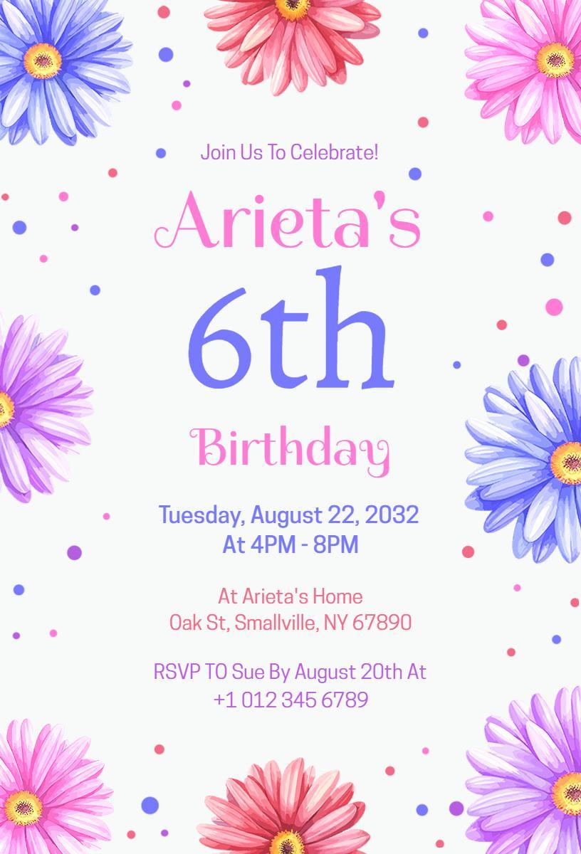 Charming Floral Theme 6th Birthday Celebration Invitation Template