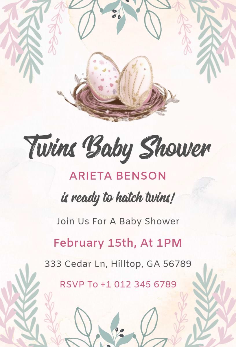 Charming Floral Twins Baby Shower Celebration Invitation Template