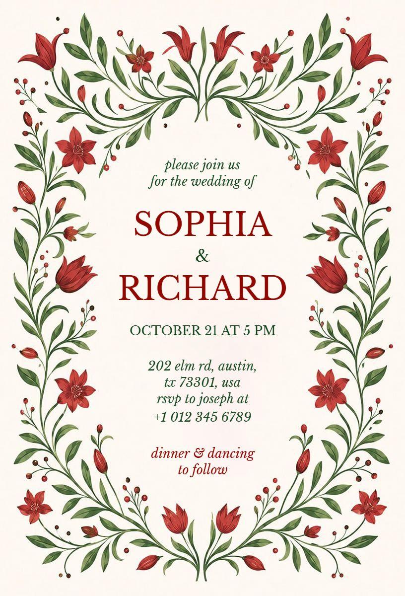 Charming Floral Wedding Ceremony Celebration Invitation Template