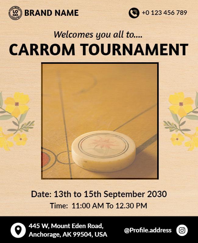 Charming Floral Wood Background Carrom Tournament Poster Template
