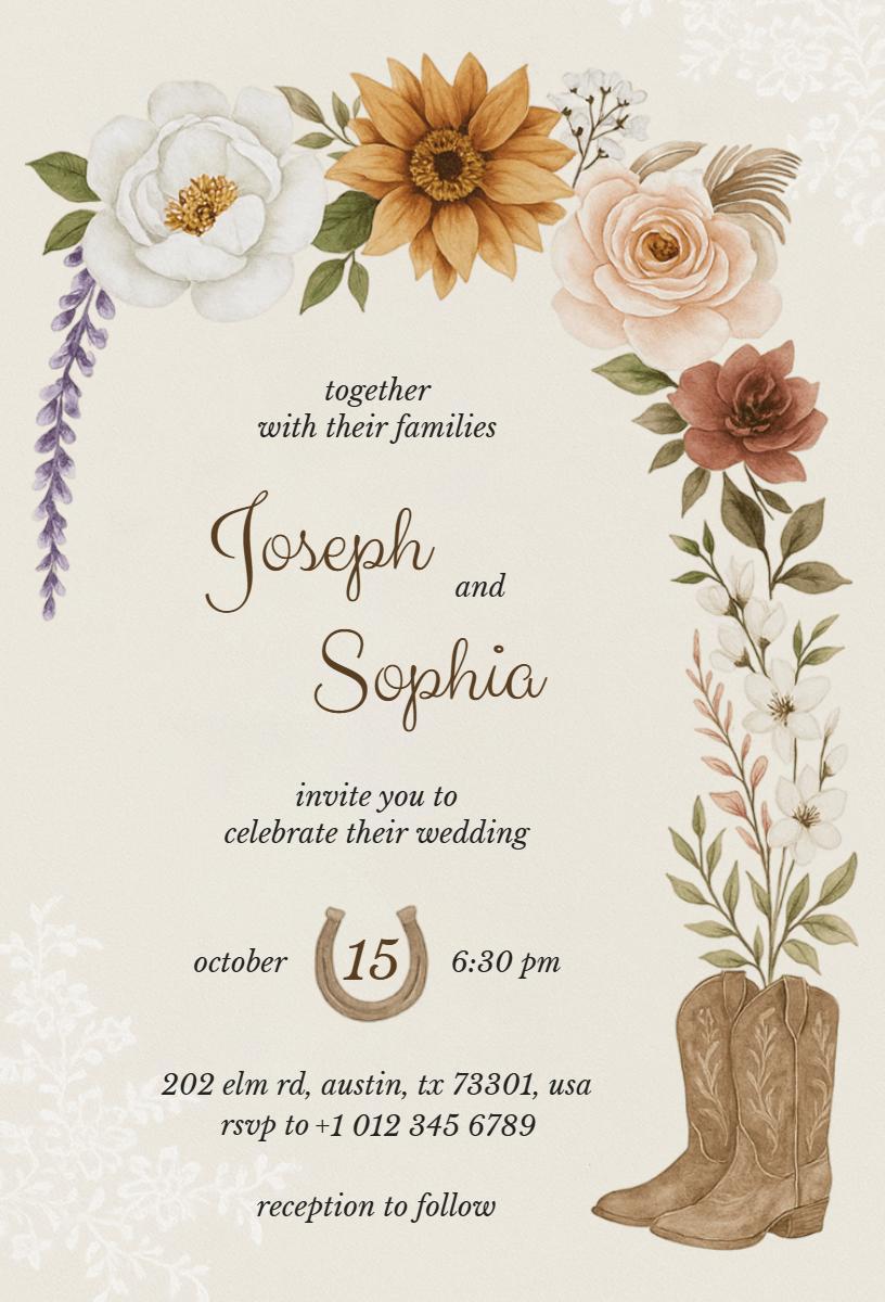 Charming Flower Boots Western Wedding Invitation Template